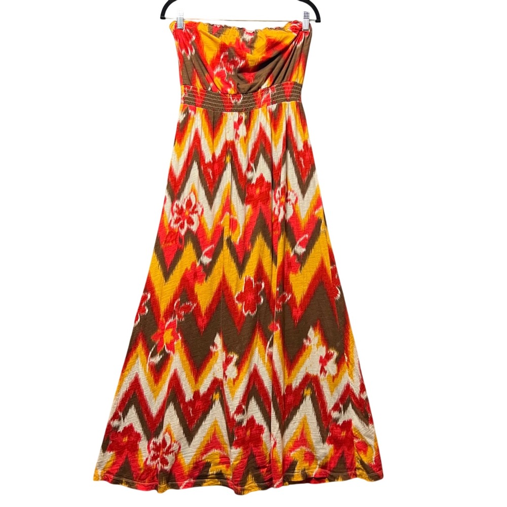 Lucky Brand Maxi Dress Strapless Summer Chevron Floral Print‎ Medium